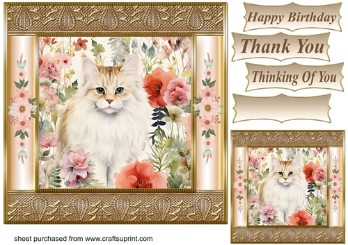Gold framed floral cat card front 12