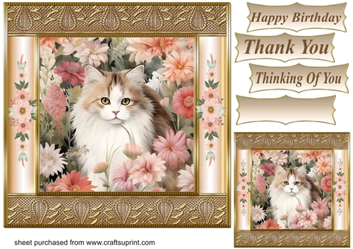 Gold framed floral cat card front 13