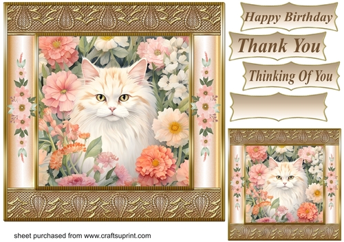 Gold framed floral cat card front 14