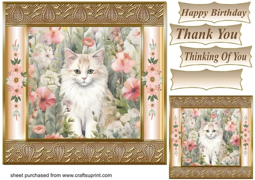Gold framed floral cat card front 15