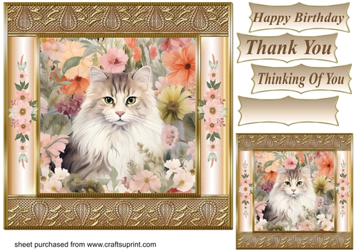 Gold framed floral cat card front 16