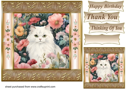 Gold framed floral cat card front 17