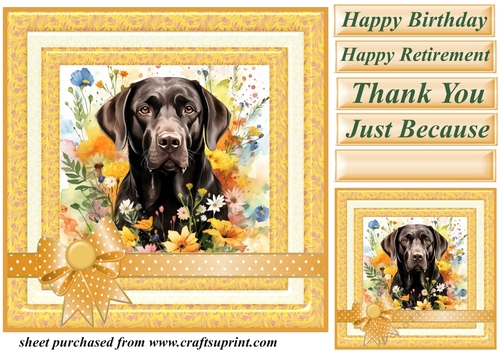 Labrador in flowers card front 1