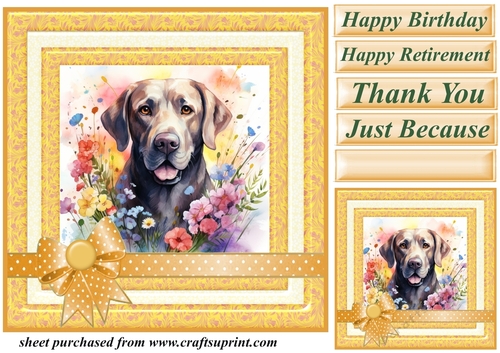Labrador in flowers card front 2