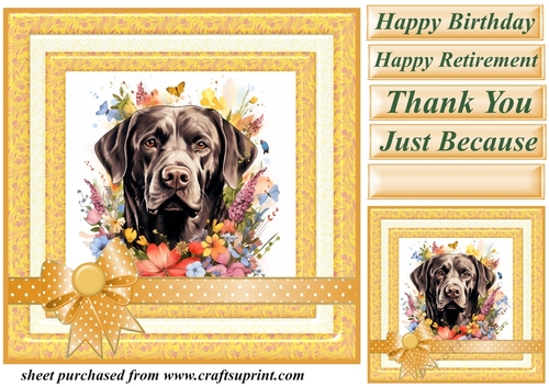 Labrador in flowers card front 3