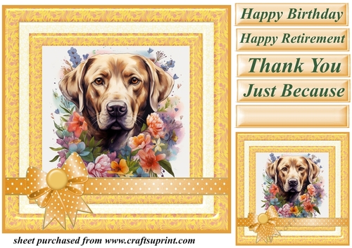 Labrador in flowers card front 4