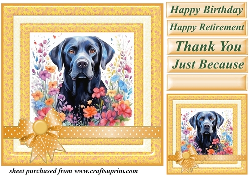Labrador in flowers card front 6