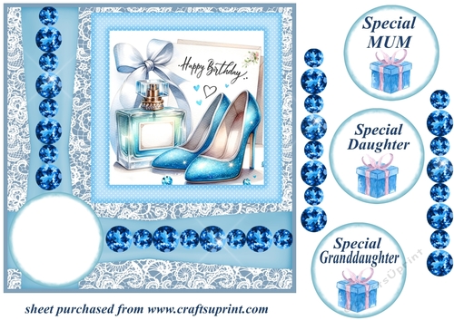 Blue shoes and perfume card front
