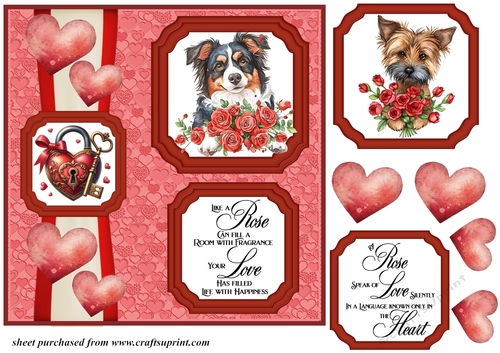 2 Panel dog with hearts and roses card front 1