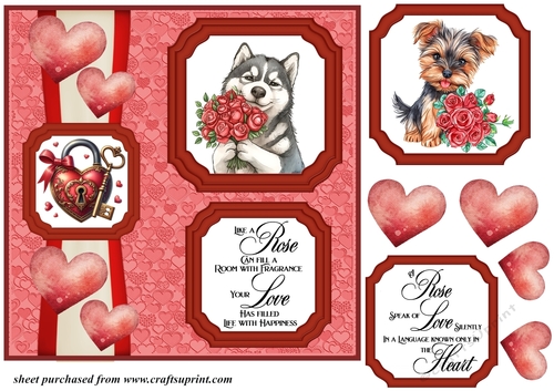 2 Panel dog with hearts and roses card front 14