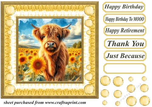 Sunflower Highland cow card front 11