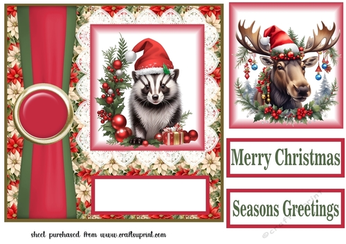 Poinsettia Christmas animal card front N9