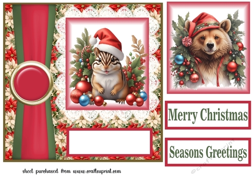 Poinsettia Christmas animal card front N10