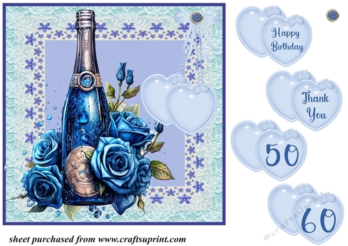 Blue roses and champagne card front 3