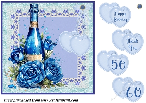 Blue roses and champagne card front 4