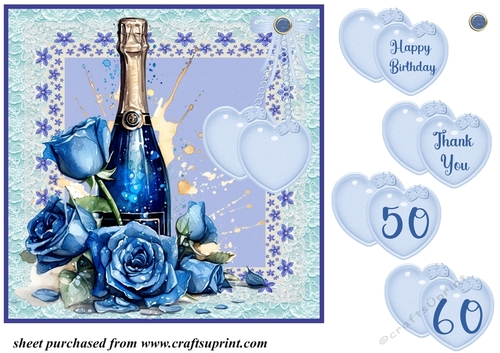 Blue roses and champagne card front 5