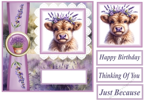 Lavender Highland cow card front 3