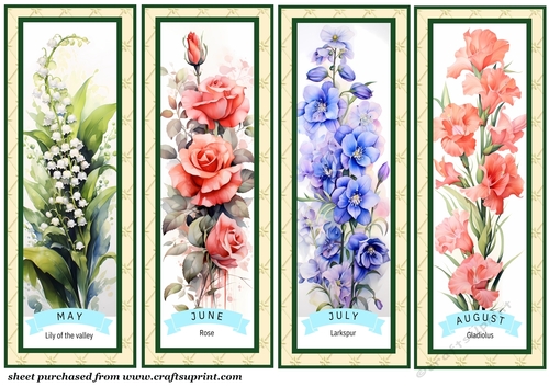 May-August Floral birth month bookmarks/toppers