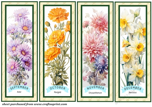 September-December Floral birth month bookmarks/toppers