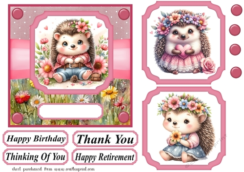 Pink floral hedgehog card front 1