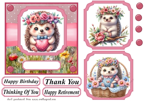 Pink floral hedgehog card front 4