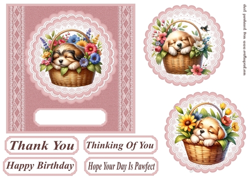 Pup in floral basket card front 1