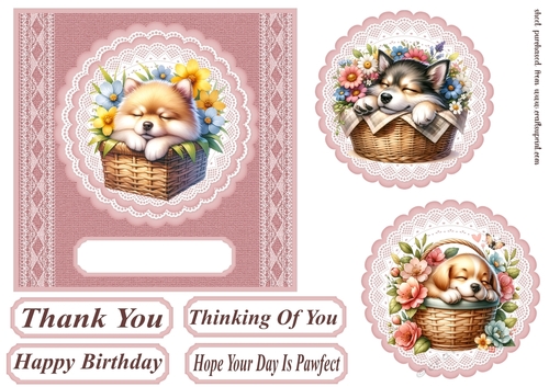 Pup in floral basket card front 2