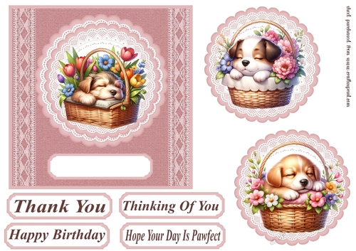 Pup in floral basket card front 3
