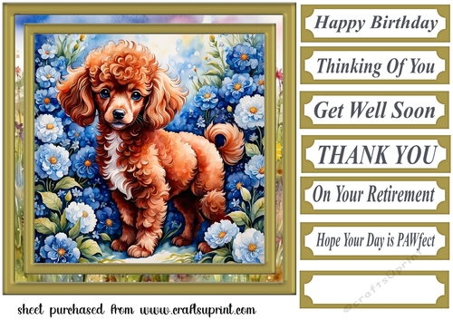 Floral Poodle puppy card front 2