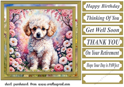 Floral Poodle puppy card front 11