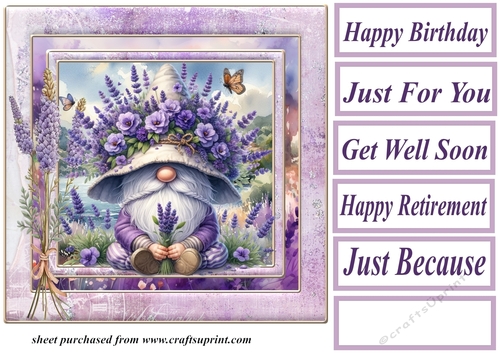 Lavender and butterfly gnome card front 1