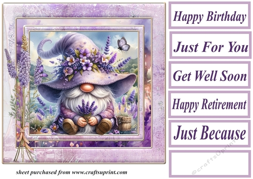 Lavender and butterfly gnome card front 2