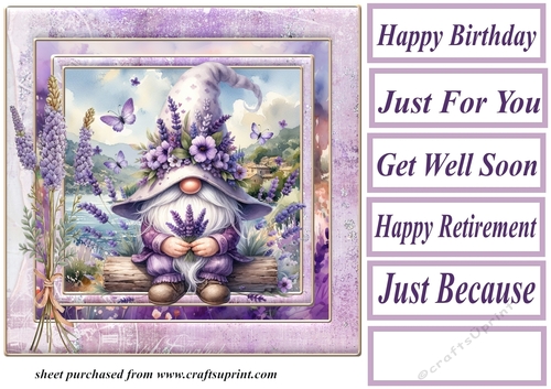 Lavender and butterfly gnome card front 3