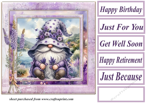 Lavender and butterfly gnome card front 4