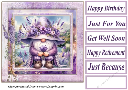 Lavender and butterfly gnome card front 5