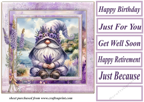Lavender and butterfly gnome card front 6
