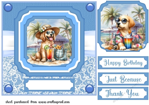 Pup with cocktail on beach card front 1