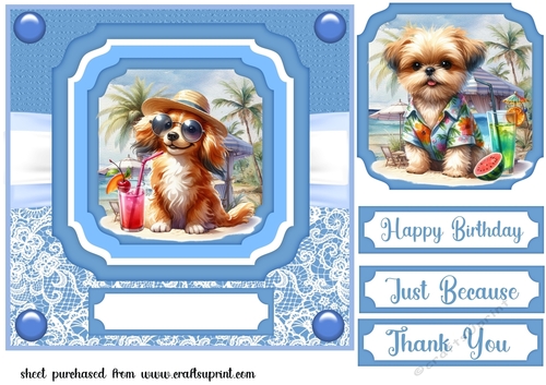 Pup with cocktail on beach card front 3