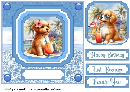 Pup with cocktail on beach card front 4