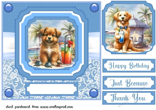 Pup with cocktail on beach card front 5