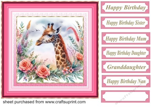 Pink floral giraffe card front 1