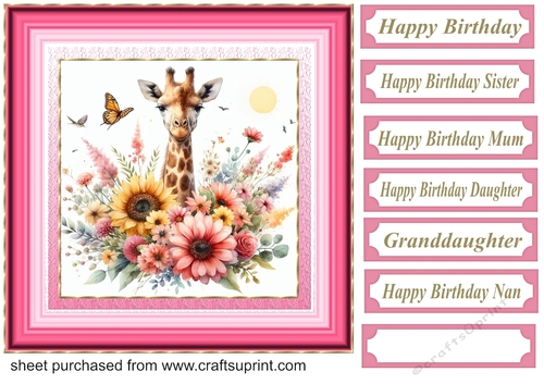 Pink floral giraffe card front 2