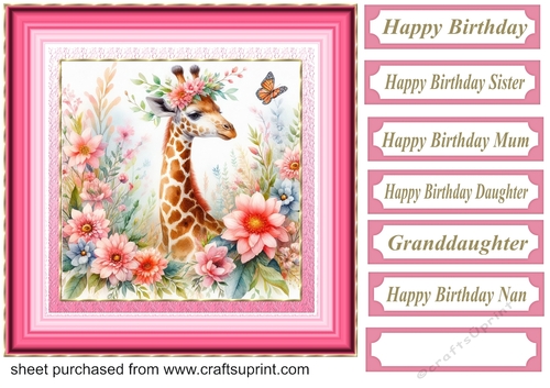 Pink floral giraffe card front 6