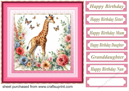 Pink floral giraffe card front 7