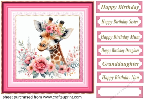Pink floral giraffe card front 8