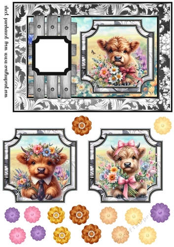 Landscape floral highland cow card front 2