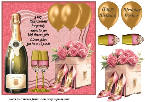 Pink champagne,shoes and flowers birthday card front