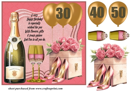 30/40/50 Pink champagne,shoes and flowers card front
