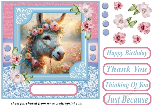 Pink and blue painted donkey card front 1