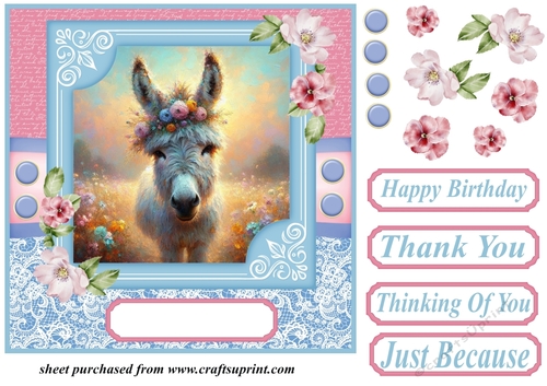 Pink and blue painted donkey card front 2